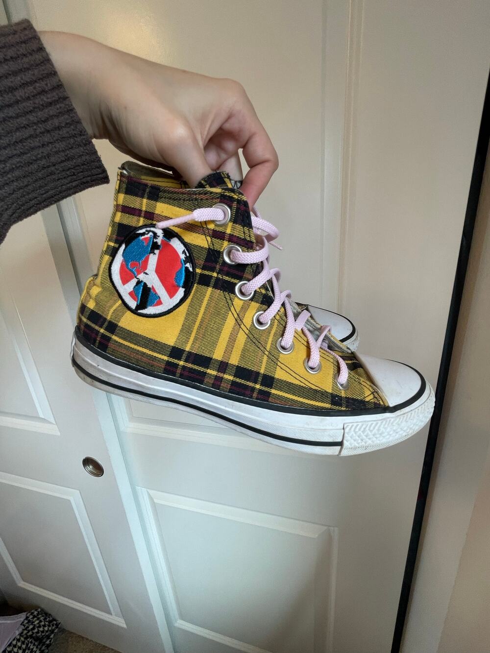 yellow plaid high top converse